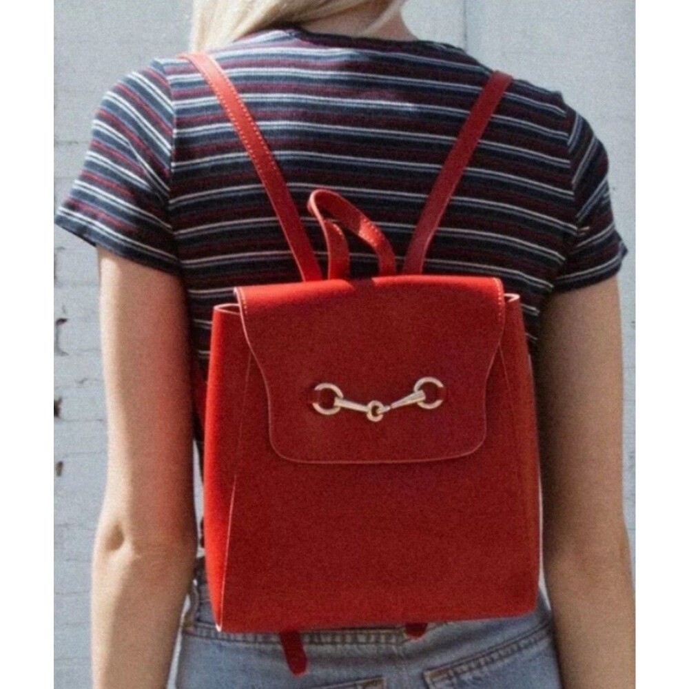 Brandy Melville Red Horsebit Mini Vegan Faux Leather Backpack EUC